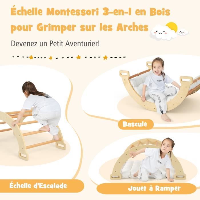 Arco da arrampicata in legno 2 in 1 DREAMADE per bambini, dondolo con morbido cuscino, portata massima 50 kg.