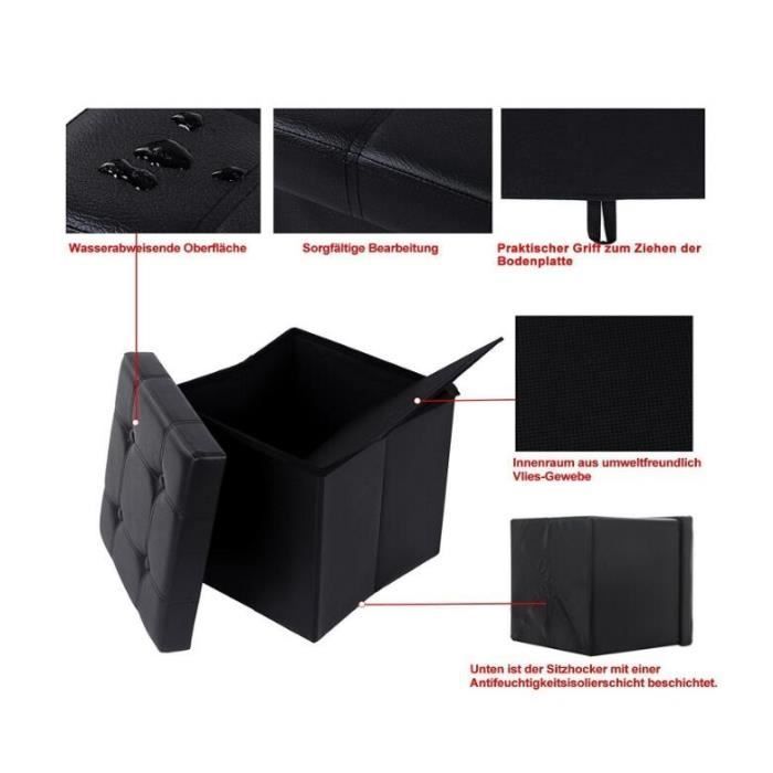 Pouf avec coffre de rangement TEENO® - Noir - Simili cuir - 38 x 38 x 38 cm