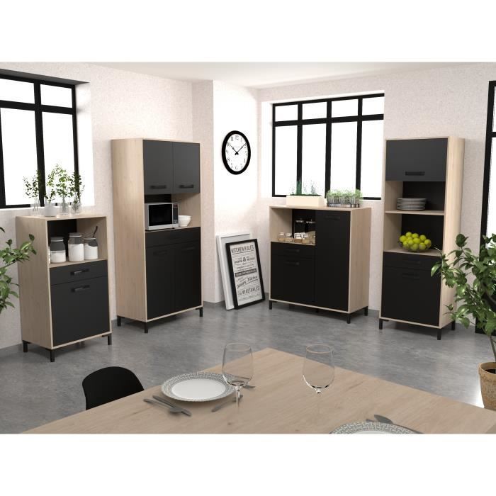 FACTORY Buffet de cuisine 60 cm - 2 portes - L 60 x P 43 x H 185 cm - Chêne et noir - EKIPA