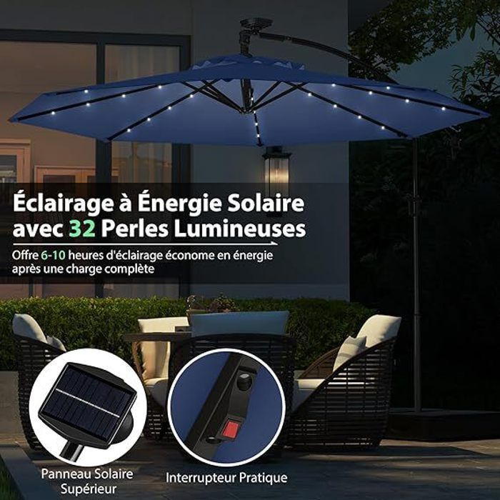 Outdoor Garden Parasol -RELAX4LIFE- 3M - 360° Rotation - 32 Solar LEDs - Cantilever Parasol with Crank - 8 Ribs - Dark Blue