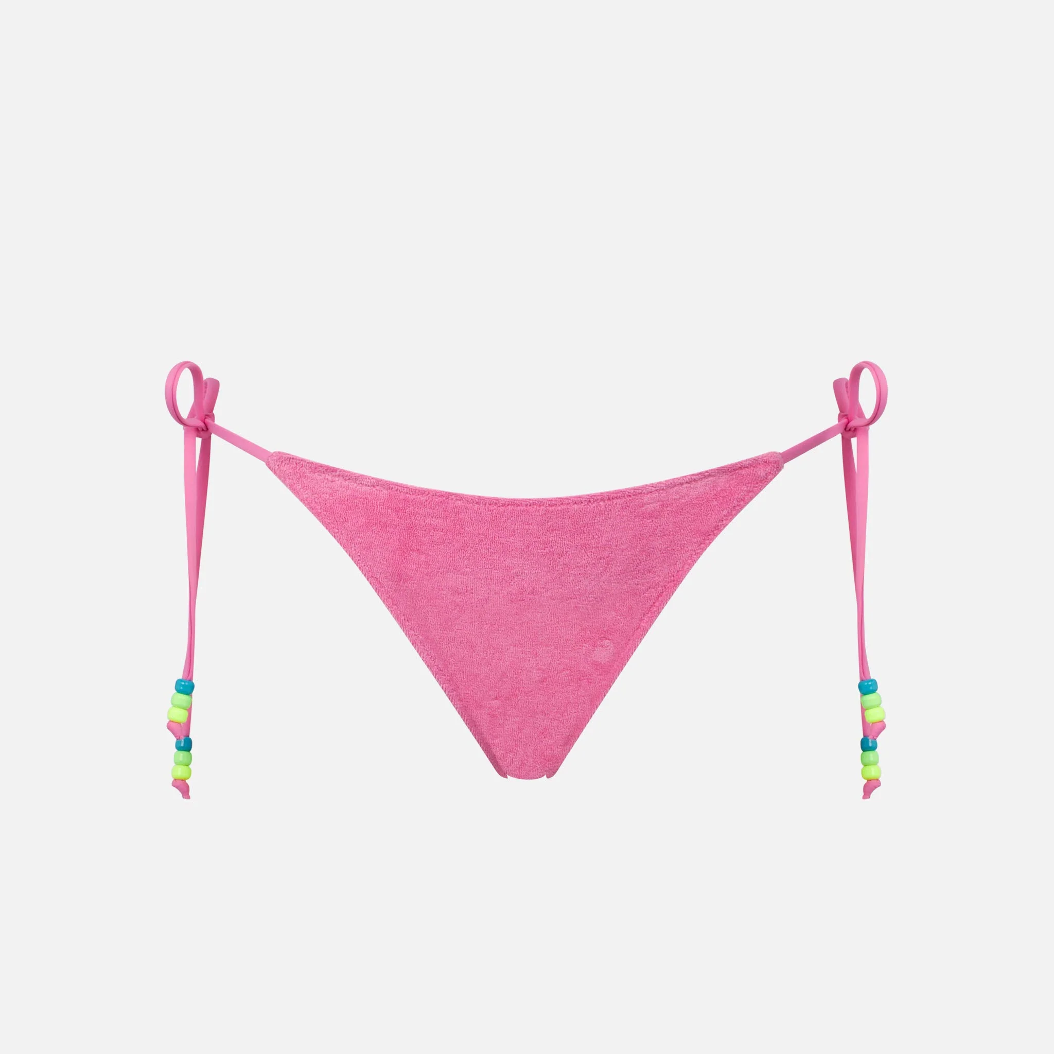 Roze damesbikini broekje van spons met strikjes aan de zijkant.