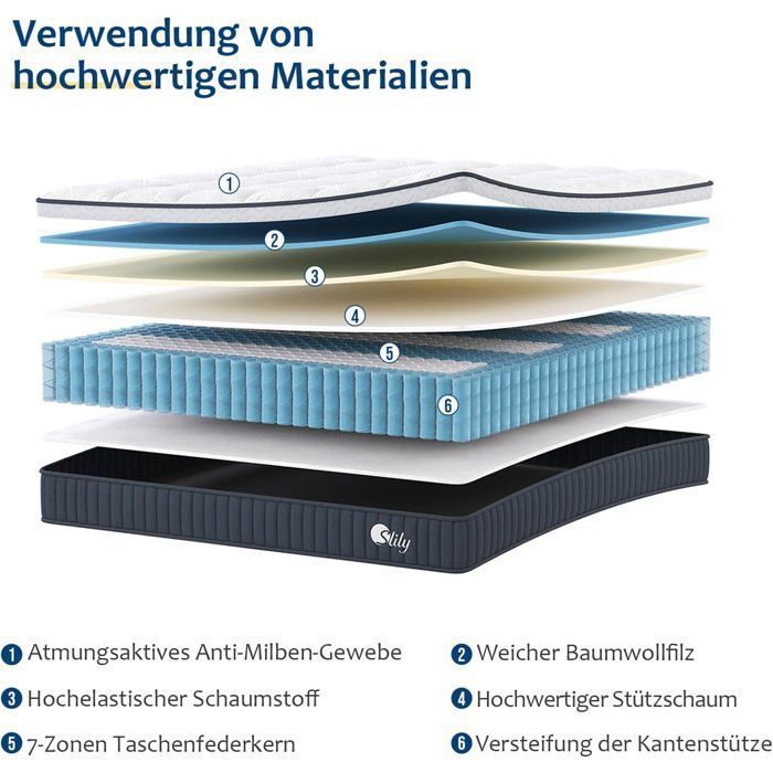 slily Matras 120x190 cm, 30 cm dik, hybride matras met onafhankelijke pocketveren en gel-traagschuim, Oeko-tex