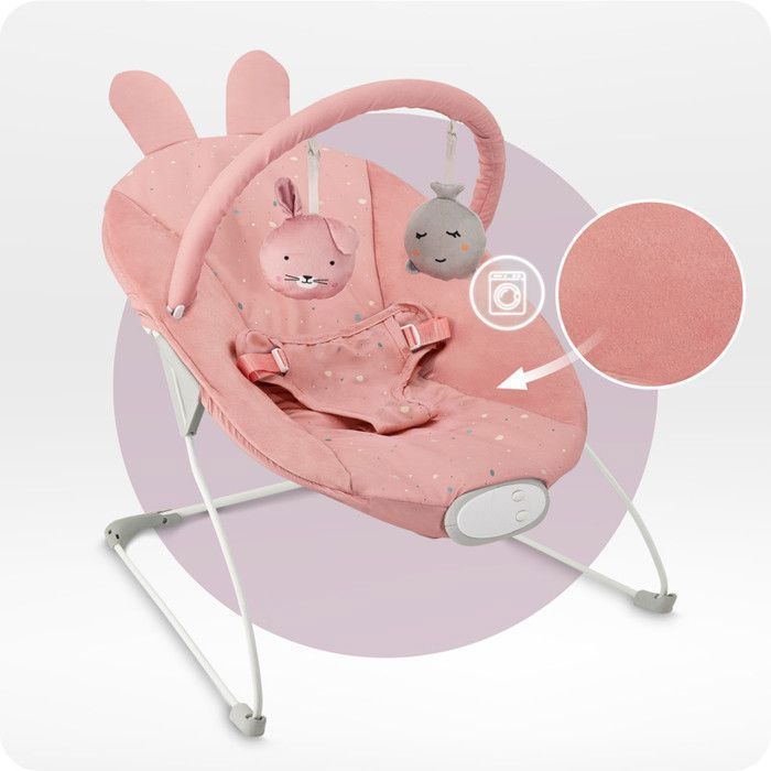 MoMi GLOSSY – Transat Bébé Léger avec Module Sensoriel – 8 Mélodies – Vibration 3 Niveaux – Jouets Inclus – Rose