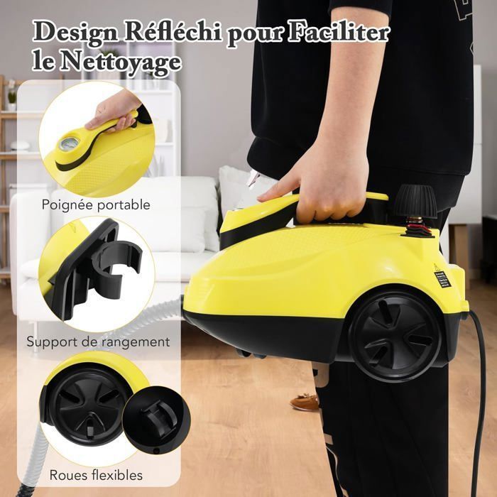 Nettoyeur Vapeur 2000W pour Punaises de Lit COSTWAY 5BAR-19 Accessoires-Réservoir 1,8L-Roue Universelle-160℃-Autonomie 35 min-Jaune