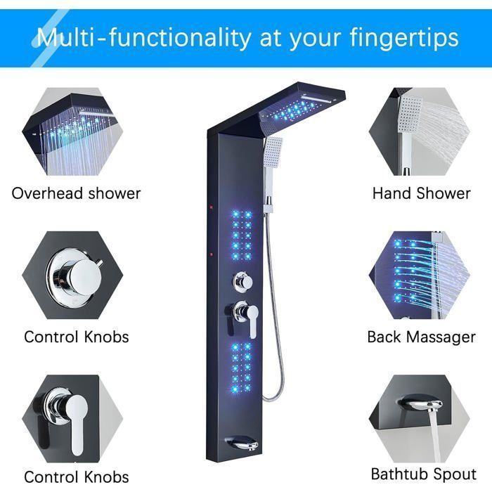 Coluna de Chuveiro com Hidromassagem em LED Preto, 4 Funções: Chuveiro de Teto com LED, 2 Jatos de Massagem