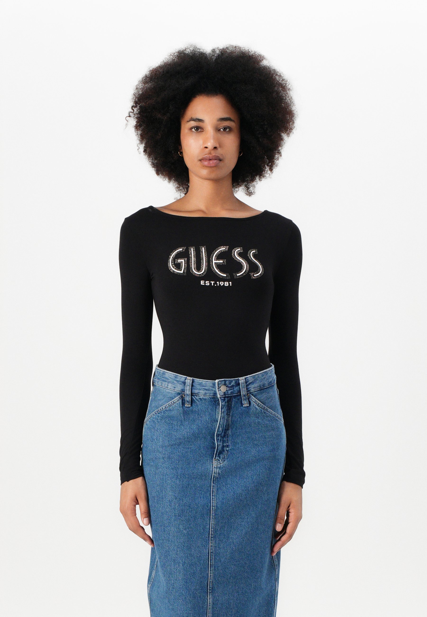 Guess NEVA HOTFIX LOGO BODY - Bluzka z długim rękawem - czarna jak smoła