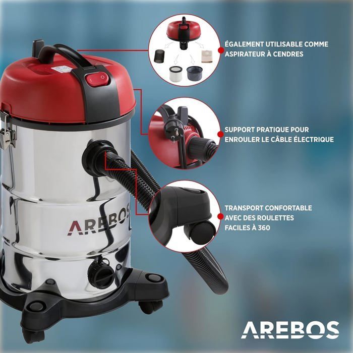 AREBOS Aspirateur Industriel | Aspirateur Sec et Humide avec Filtre | 1800W | 30L | Acier Inoxydable | Rouge