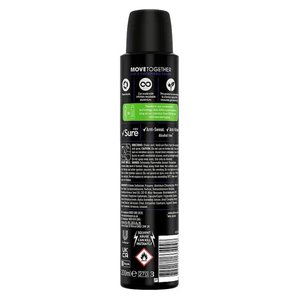 Deodorante antitraspirante Sure Men in formato aerosol con principio attivo essenziale, 200 ml