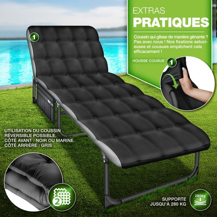 tillvex Folding Camping Bed, Black-Grey with Neck Pillow | Maximum Load 280 kg | Camping Lounge Chair with Padding