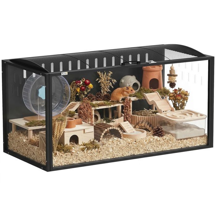 Cage à hamster - habitat pour rongeur - PawHut - acier et acrylique transparent vue panoramique et toit ouvrant - 105x51x53cm - noir