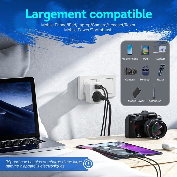 UK-Steckeradapter – UK-Stecker auf französischen Stecker mit 1 USB- und 1 Typ-C-Anschluss, Typ-G-Adapter für Irland und Großbritannien