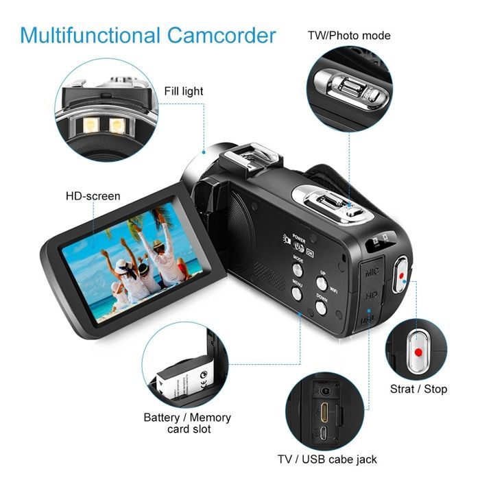 YONIS 2.7K 30MP Digital Camcorder with Wi-Fi Connectivity, Android/iOS App, Infrared Night Vision + 4GB SD Card