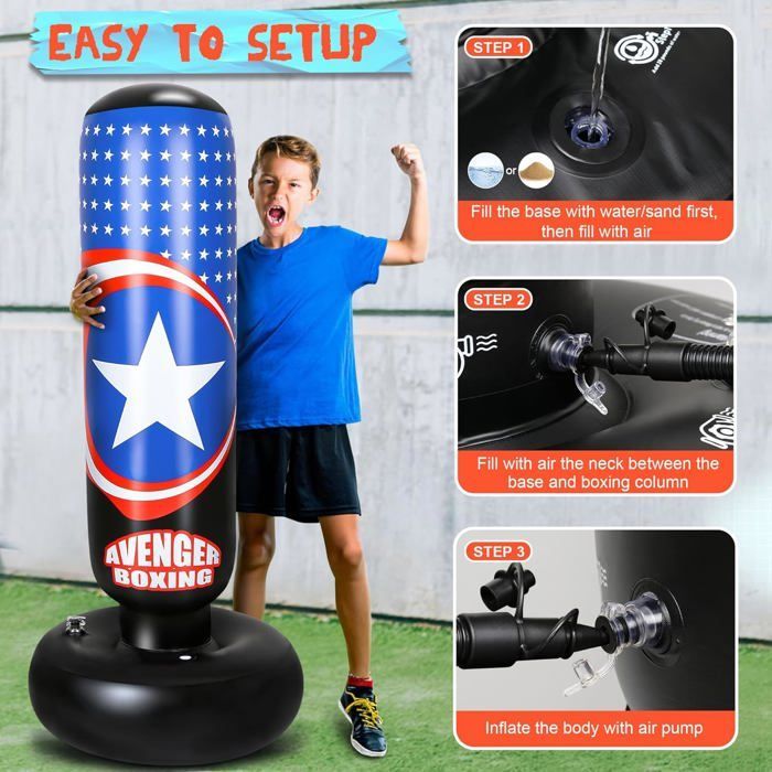 Saco de boxeo infantil, pelota de boxeo de 168 cm con guantes de boxeo y bomba para niños, saco de boxeo inflable estable para entrenamiento.