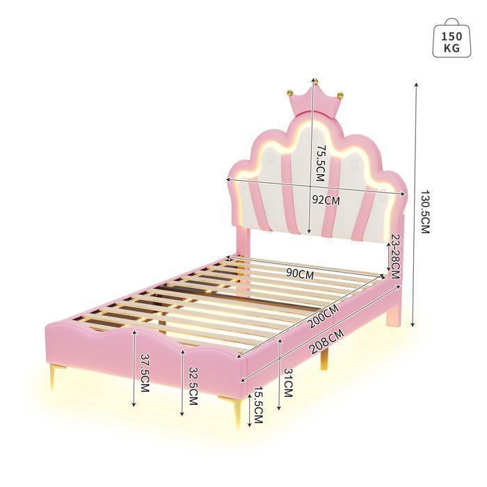 Letto per bambini - EIFSON - Letto da principessa 90x200 cm - Testiera regolabile - LED integrato - Rosa
