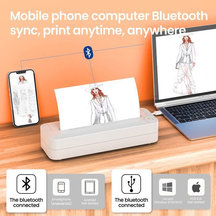 Bluetooth A4 thermal printer, with printing paper, suitable for home, office and outdoor use - pink