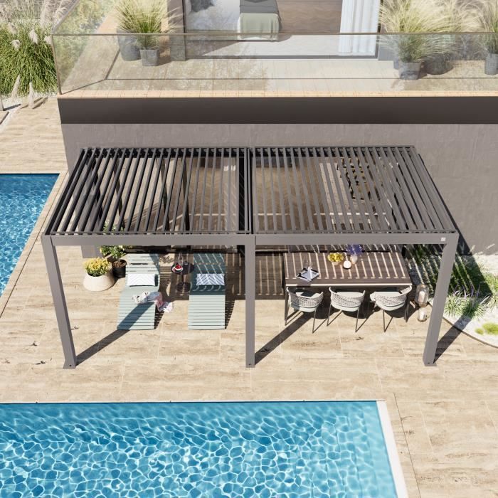 Pérgola PRIMEYARD de 3x6 m con postes de aluminio y lamas de aluminio ajustables, pabellón gris.