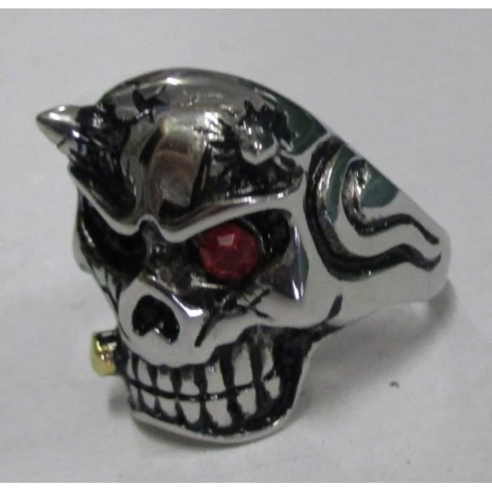 Anillo de sello - Diablo fumando un cigarro - Acero inoxidable - Ojo de diamantes de imitación rojos - Talla 9 US