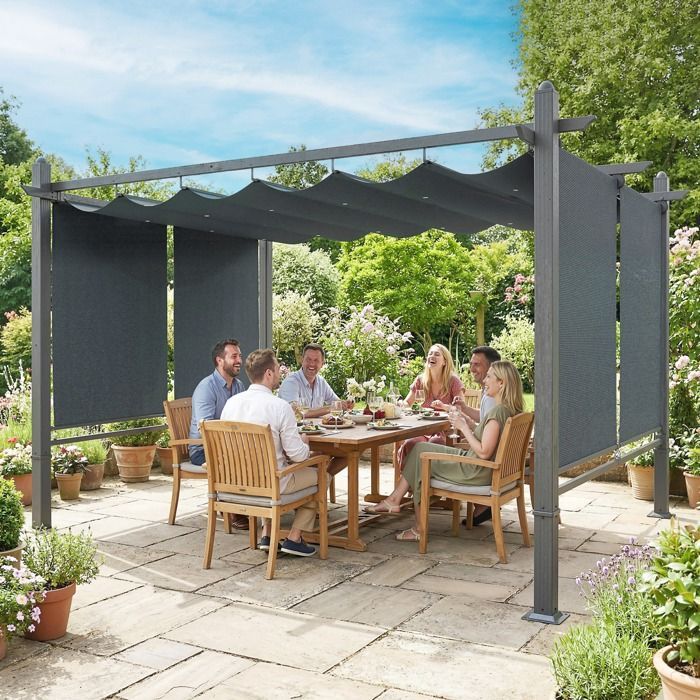 Pérgola de jardín Outsunny con persianas automáticas, estor corredero retráctil y protección UV50+. Fabricada en aluminio de 3x4 m en color gris antracita.