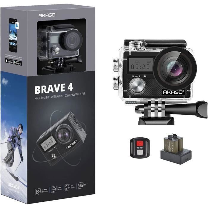 Videocamera sportiva impermeabile AKASO Brave 4 4k, WiFi, 20MP Ultra HD, schermo LCD, angolo di visione di 170°, EIS, impermeabilità fino a 30 metri, con scheda da 32 GB, nera.