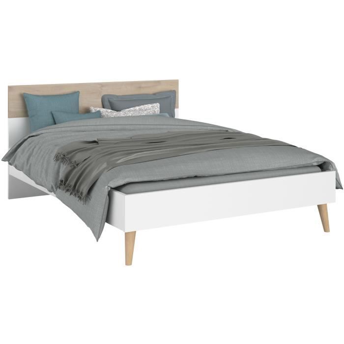 Conjunto completo de quarto - AALBORG - Escandinavo - Branco/Carvalho - Cama de 160 x 200 cm, 2 mesas de cabeceira, cômoda, guarda-roupa - PARISOT