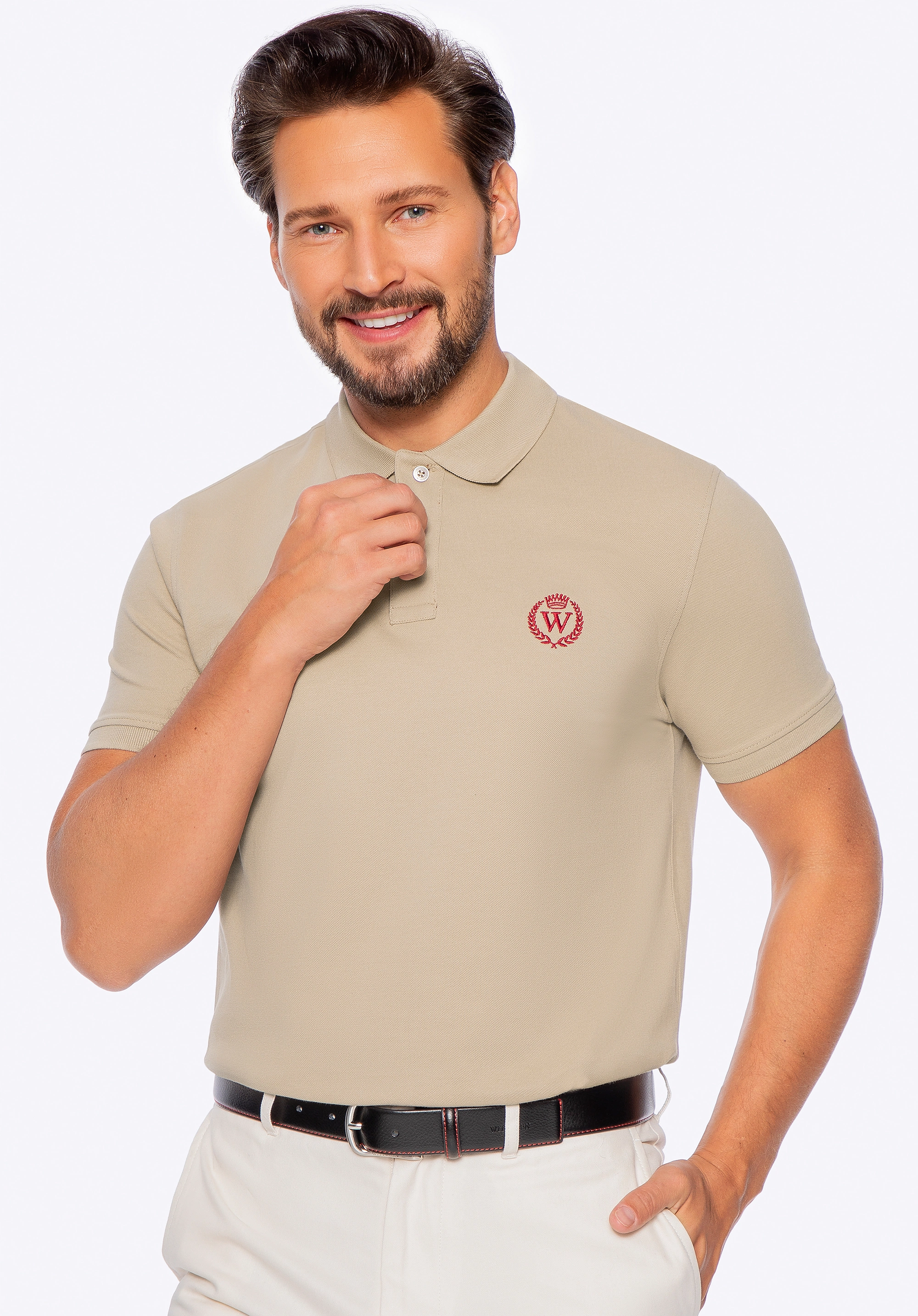 Koszulka polo męska bawełniana z kolorowym logo beżowa