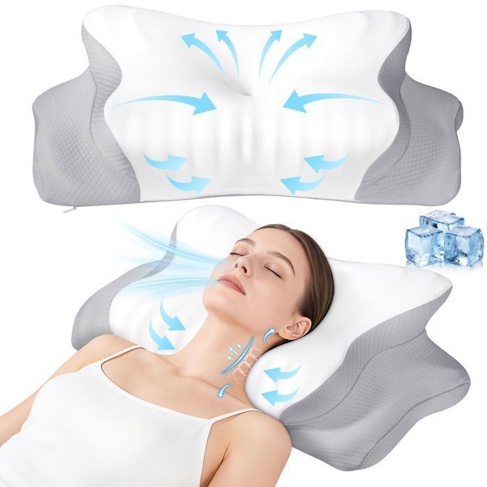 Almohada cervical ergonómica, almohada de cuello de espuma viscoelástica con funda de seda helada, 62 x 37,3 x 14,4/9 cm, gris y blanco.