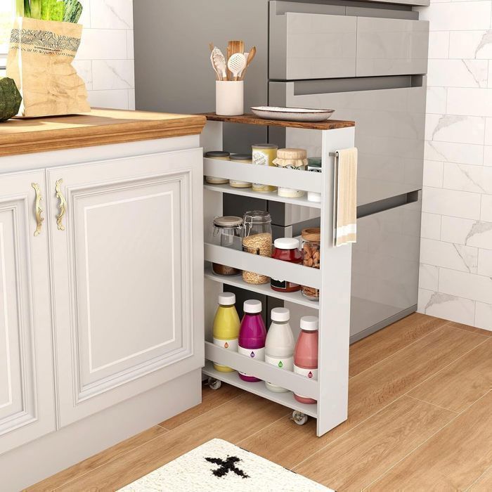 Carrito de cocina estrecho GIANTEX con ruedas y frenos - 47,5 x 13 x 80,5 cm - Carrito de servicio de 4 niveles con asa - Blanco