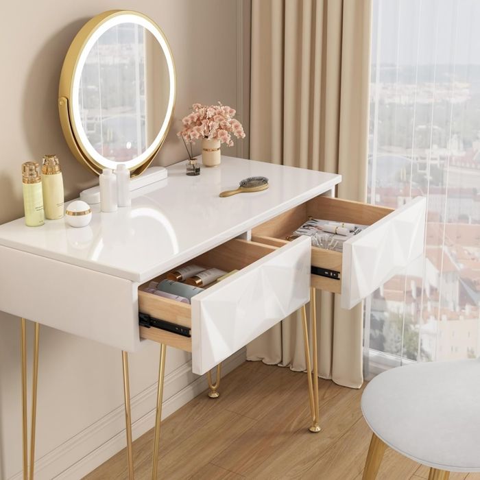 Tavolo da trucco EUGAD con specchio LED regolabile, tavolo da trucco con sedia, 2 cassetti effetto 3D in legno massello, bianco+oro E0EG0060