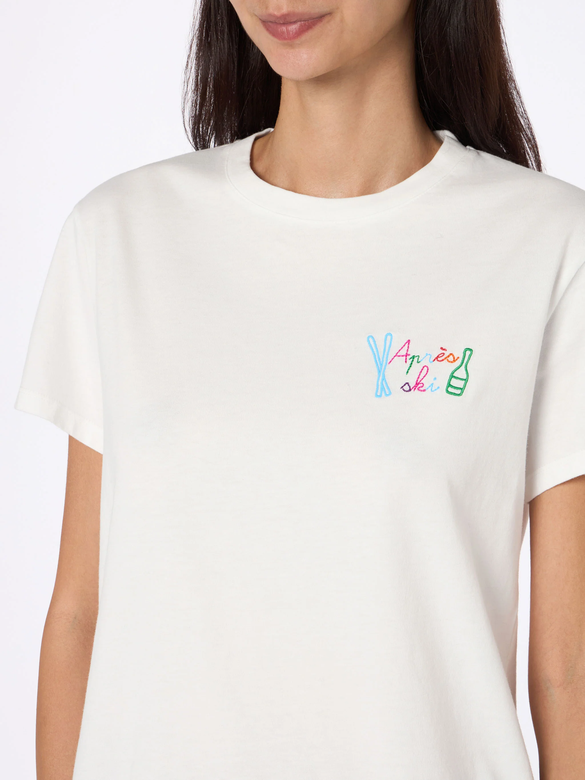 T-Shirt Bianca da Donna Emilie mit Ricamo Arcobaleno Après-Ski