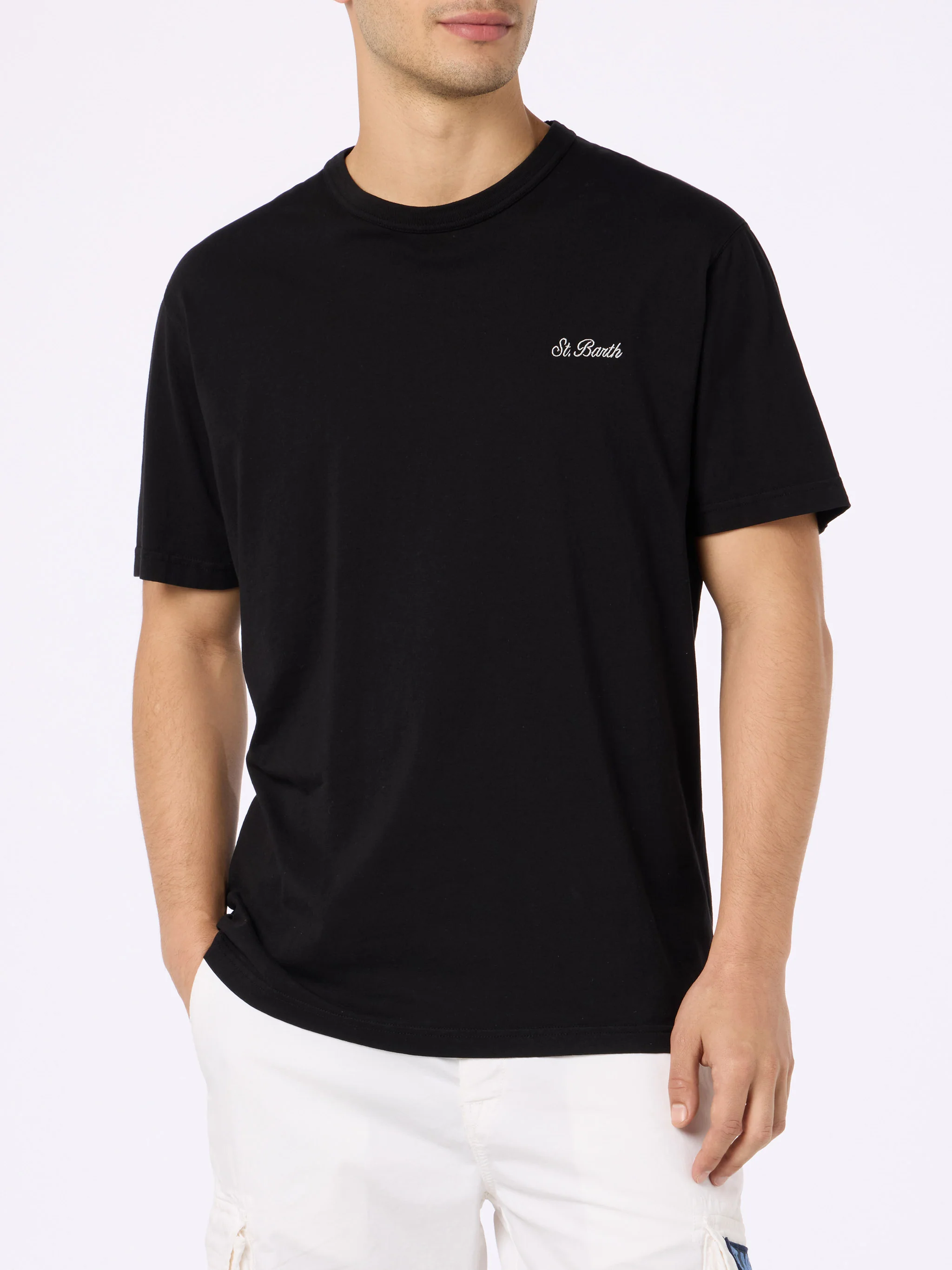 Zwart heren T-shirt van Dover-katoenjersey met St. Barth-borduurwerk.