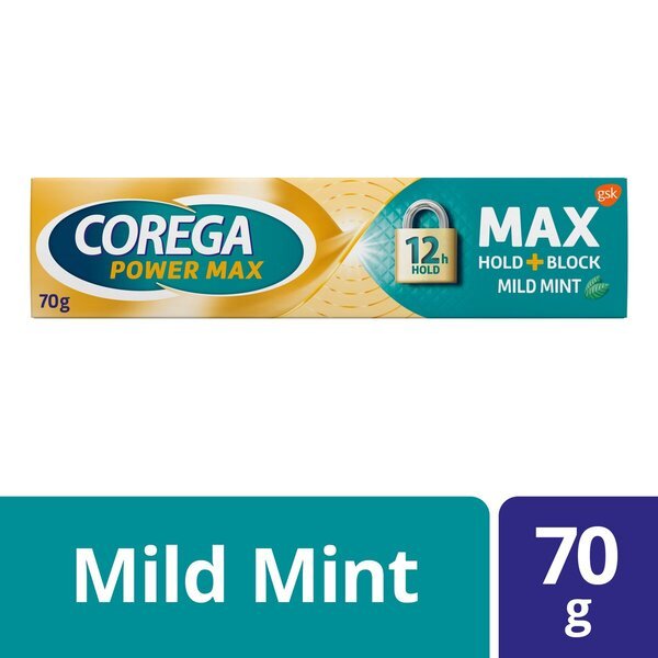 „Corega Power Max Hold + Block“ švelnus mėtinis fiksuojamasis kremas, 70 g.