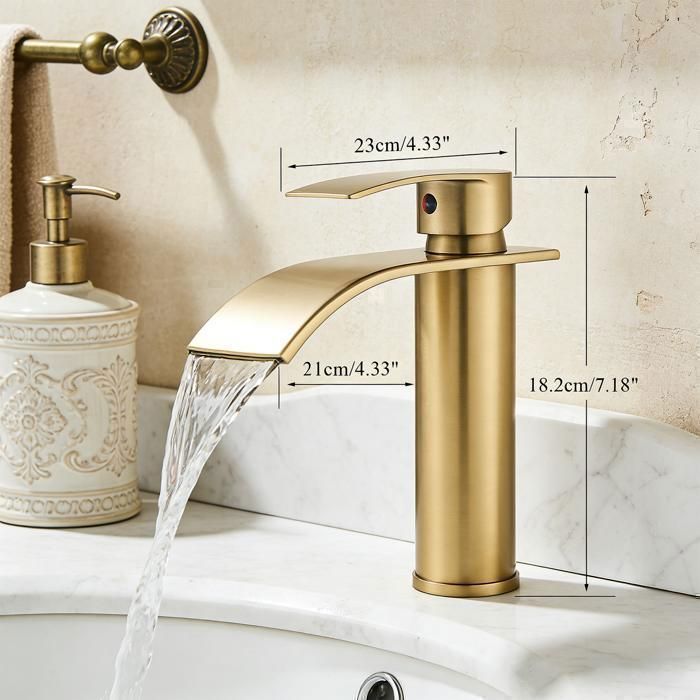 Rubinetto per lavabo da bagno, miscelatore a cascata per lavabo, miscelatore per lavabo, rubinetto per lavabo da bagno, oro spazzolato