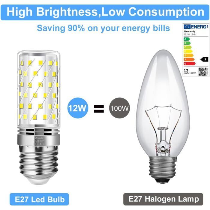 E27 LED Bulb, 12W (Equivalent to 100W Halogen Bulbs), 1200LM, 3000K, 230V, Warm White, Non-Dimmable, Flicker-Free, 6pcs