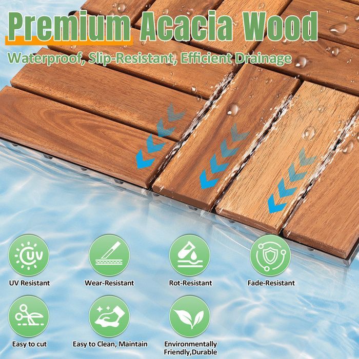 Daromigo Lot de 44 Dalles de terrasse en bois 12 lattes 4 m² 30 x 30 cm, Dalles de Jardin clipsables DALLAGE