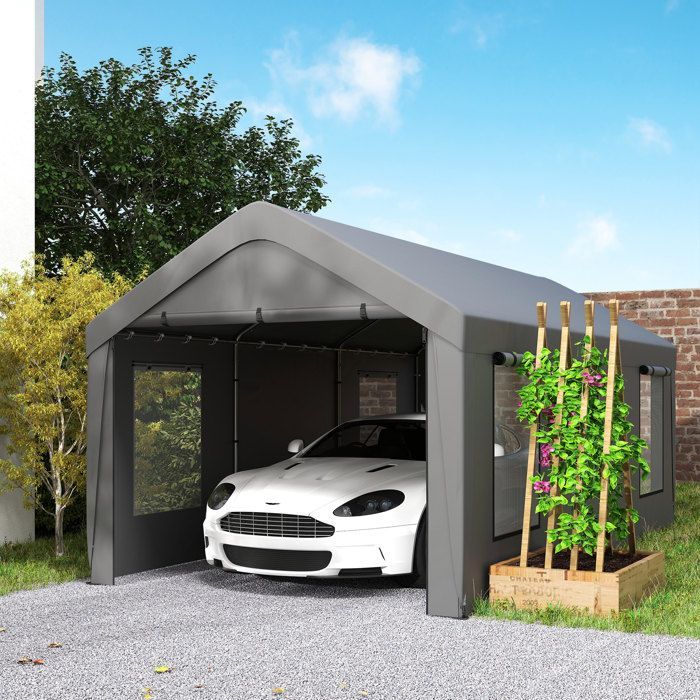 Carport tente de garage - Outsunny - 3 x 6 m - parois latérales amovibles, 2 portes enroulables et 4 fenêtres - gris foncé