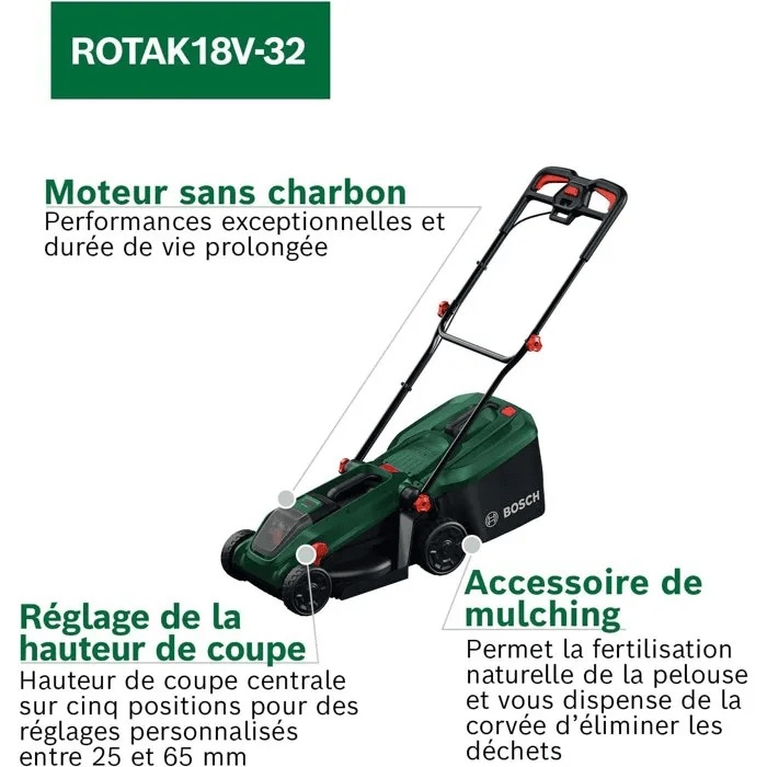Akku-Rasenmäher + 4-Ah-Akku + Ladegerät – Bosch – ROTAK18V-32 – 06008B9P00 – 18 V – 32 cm Schnittbreite