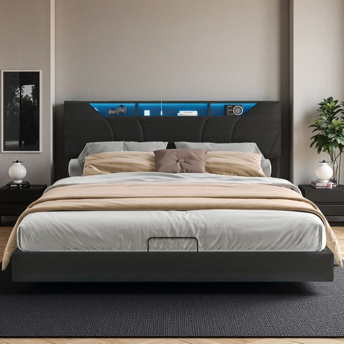 140x190 cm Bed - COZY - PU-stof - LED en USB - lattenbodem - tweepersoonsbedframe 140x190 cm - zwart