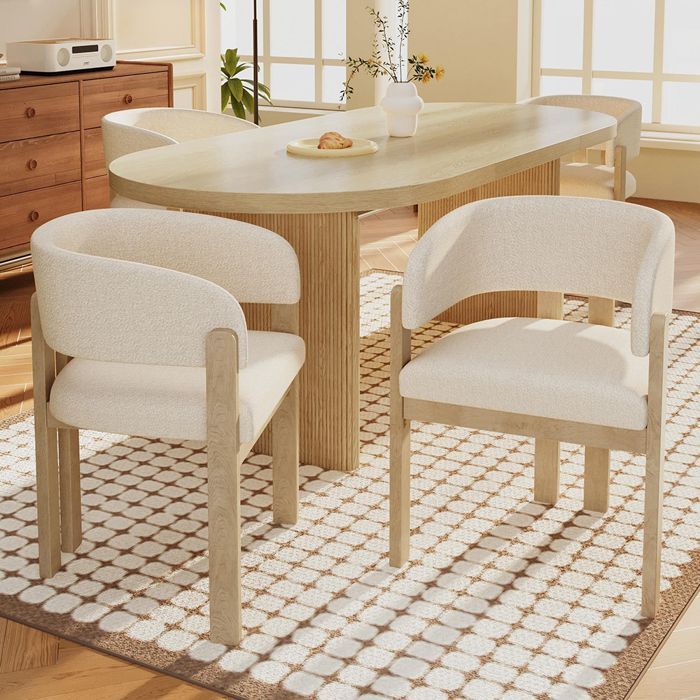 Juego de 4 sillas de comedor con reposabrazos - Sillas de cocina - Tela bouclé - Patas de madera maciza - Natural