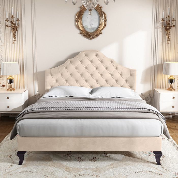 Cama doble de 140x190 cm con somier de láminas, estructura de cama para adultos con cabecero regulable en altura, color beige.