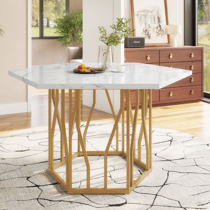 Mesa de comedor moderna - MDF - Patas doradas - Mesa de cocina - 115,5 x 100 x 75 cm - Blanca