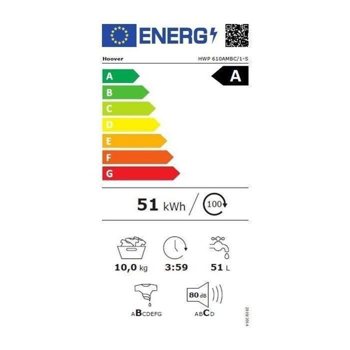 HOOVER HWP 610AMBC/1-S Voorlader wasmachine - 10 kg - Inductie - 1600 tpm - Energieklasse A - Met snoer - Stoom - Wit
