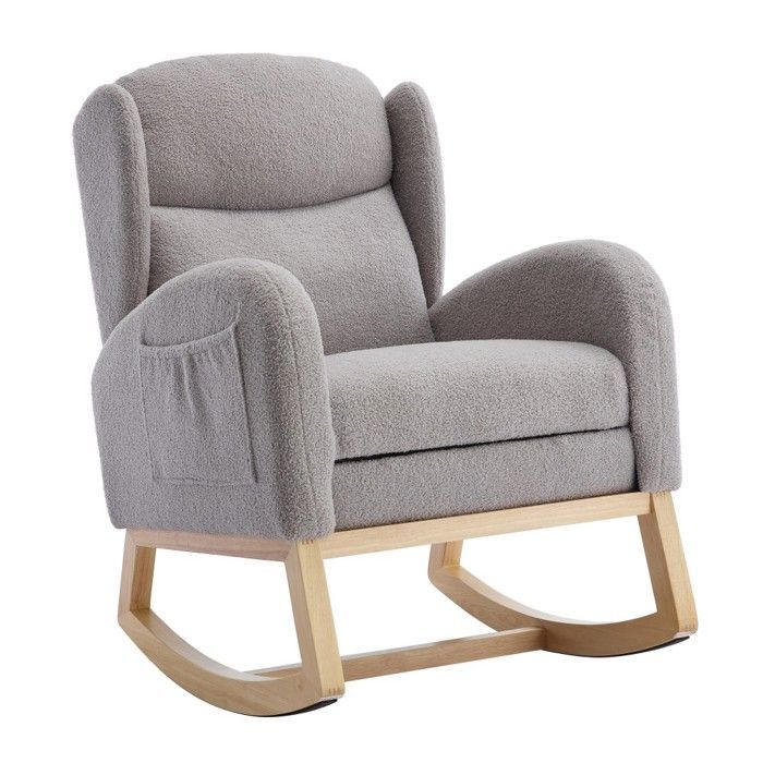 Fauteuil d'allaitement gris à bascule, dossier haut et repose-pieds réglable avec poche. Confortable pour salon et chambre.