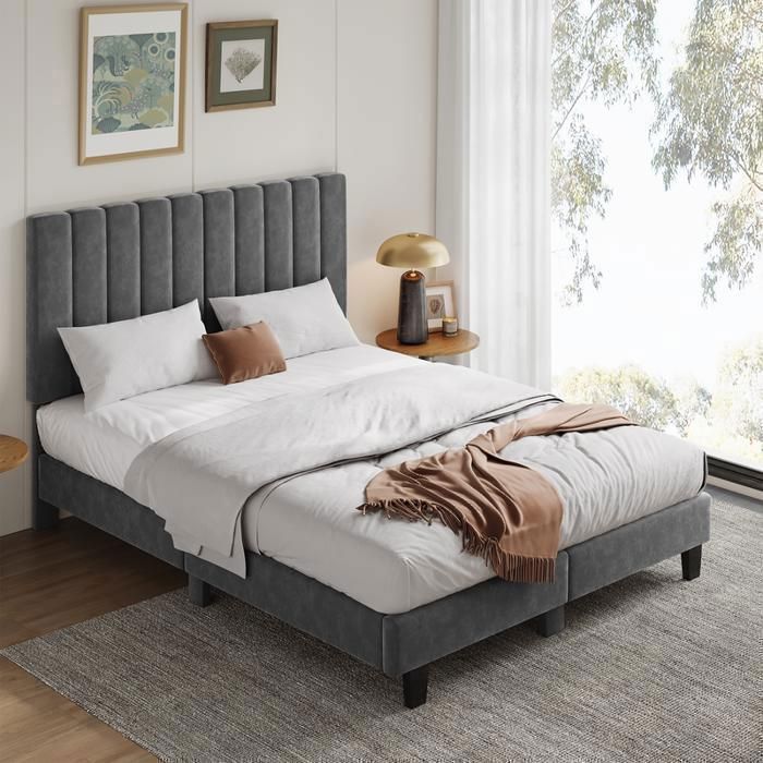 HavenlyHome 140x190 cm Bed, Upholstered Linen Bed with Headboard, Double Bed with Slatted Base, Adult Bed for 2 People, Grey