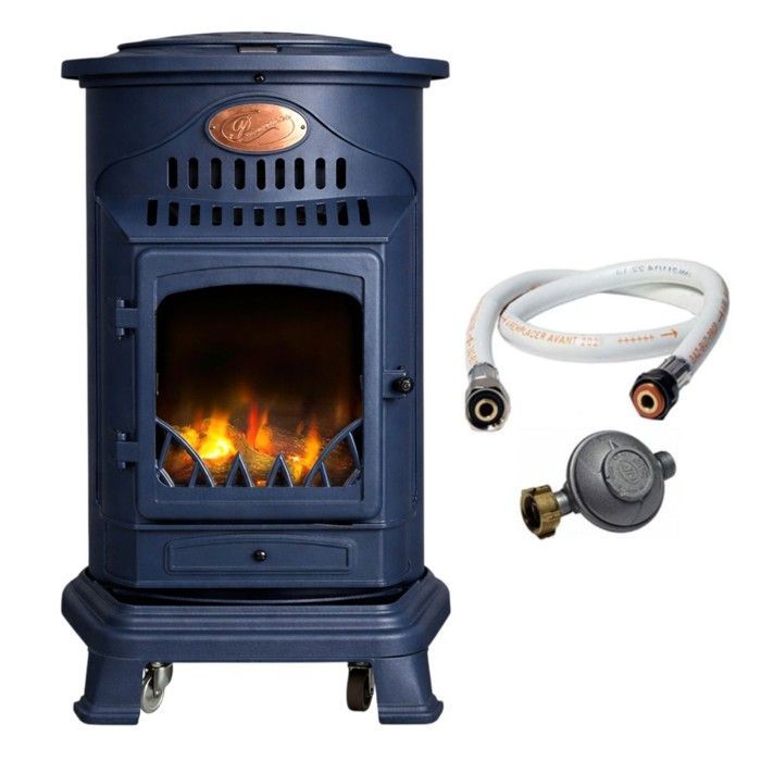 Estufa de gas de 3,4 kW, azul zafiro mate, efecto leña, hierro fundido auténtico + manguera de gas + regulador de butano, Provence Sahara