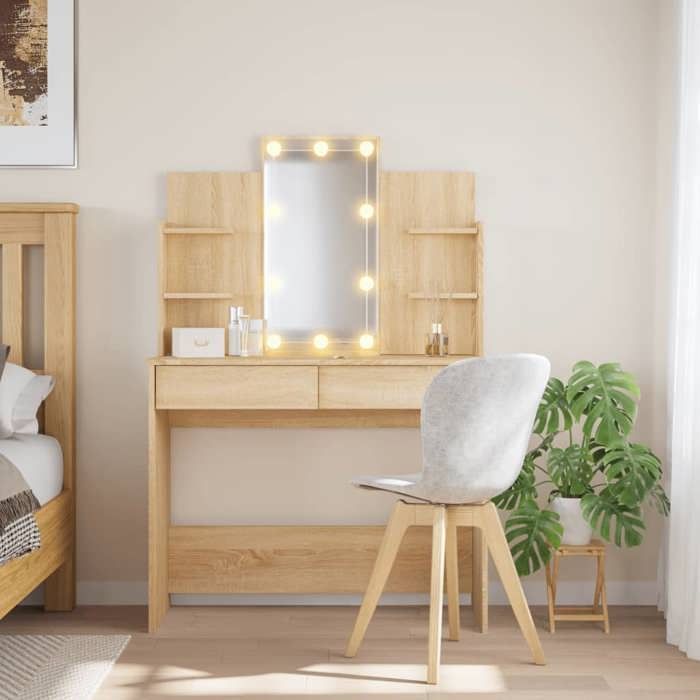 Tocador vidaXL con luces LED, mesa de maquillaje con 2 cajones y 4 estantes, mesa de cosméticos con espejo para dormitorio, 837894