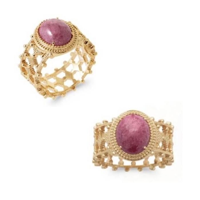 Anello - BIJOUXIA - Pietra di rodonite - Placcato oro 18 carati - Larghezza 10 mm - Cabochon ovale
