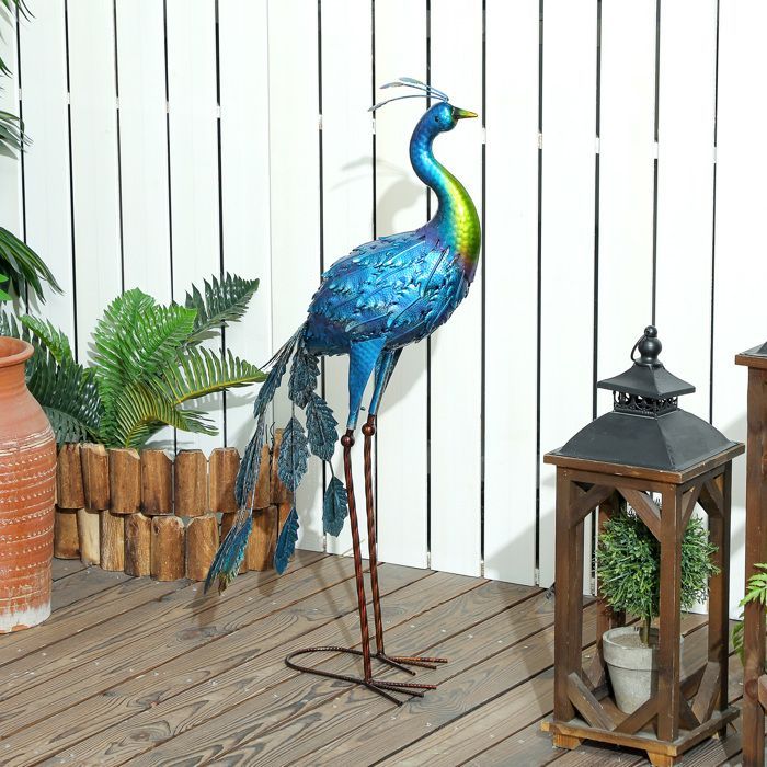 Estatua de jardín - Outsunny - pavo real - resistente a la intemperie - para jardines, porches y patios - metal - 83 cm de alto - multicolor
