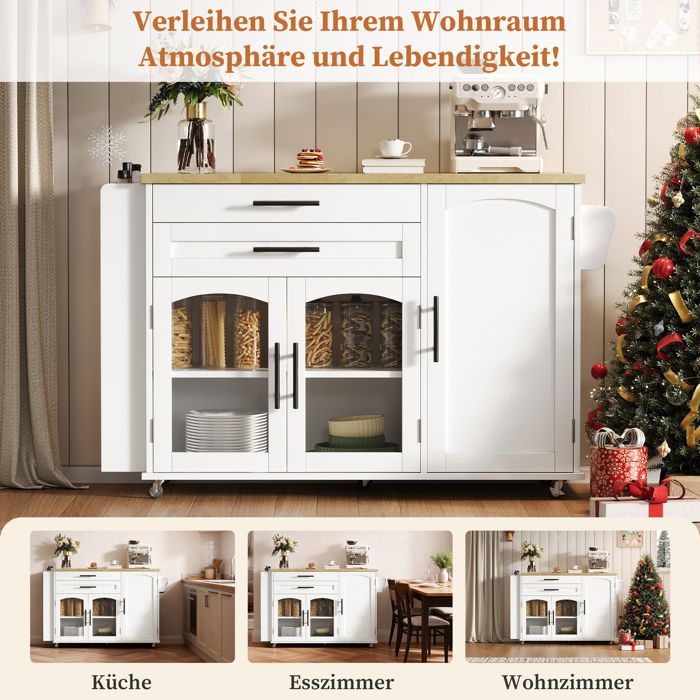 Isla de cocina móvil con encimera plegable, carrito de cocina, 5 ruedas, especiero, 2 cajones, 120x45(70)x90cm, blanca