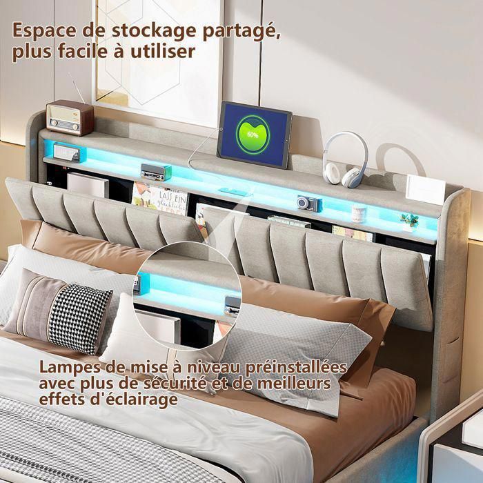 Cama con almacenamiento de 160 x 200 cm, cama de 160 x 200 cm con somier de láminas, estructura de cama, con iluminación LED, almacenamiento hidráulico, con cabecero, gris, terciopelo