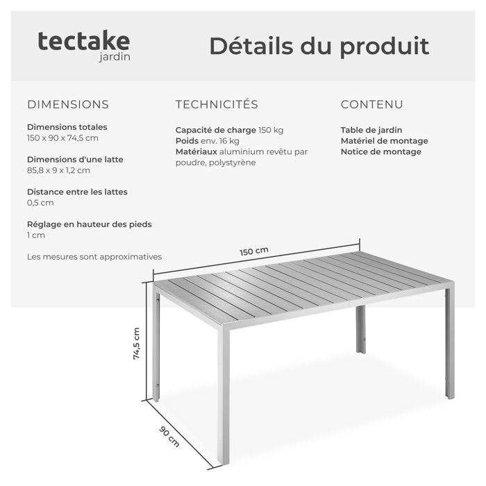 Mesa de jardín - TECTAKE - Mesa de comedor exterior BIANCA de acero inoxidable y aluminio, 150 x 90 x 74,5 cm - Gris/Plata